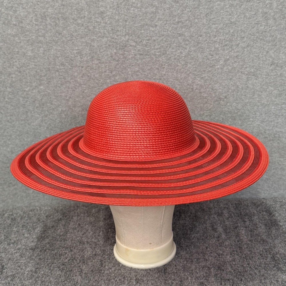 Hat Sun Womens Size 7.5 Red Polypropylene Wide Brim Striped Summer Travel Derby